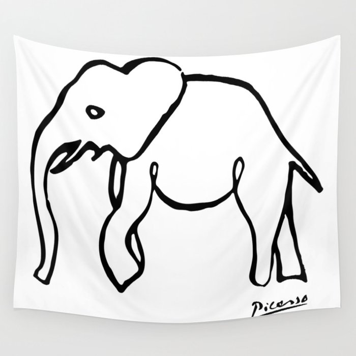 Picasso - Rare Elephant Drawing, Line Sketch Artwork, Prints, Posters, Bags, Tshirts, Men, Wome Wall Tapestry