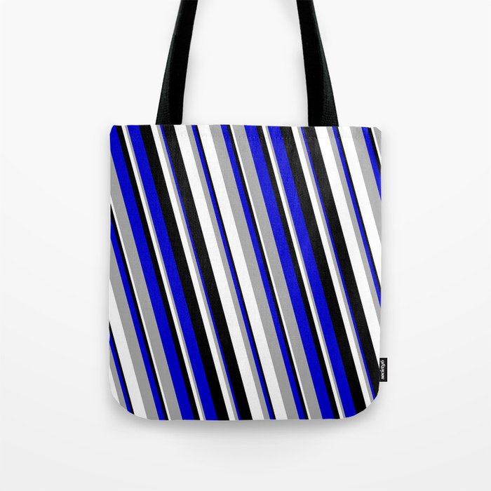 Blue, Dark Grey, White, and Black Colored Stripes/Lines Pattern Tote Bag