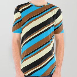 [ Thumbnail: Deep Sky Blue, Brown, Light Yellow & Black Colored Lines Pattern All Over Graphic Tee ]