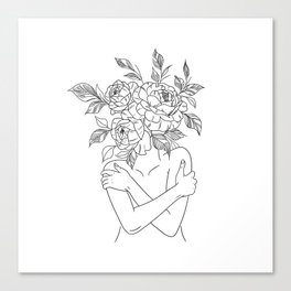 Woman with peonies line art Canvas Print