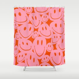 Retro Wonky Smiley Faces in Pink & Orange Shower Curtain