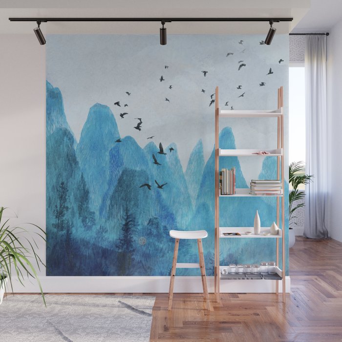 Turquoise Blue Mountainscape w Pine Forests Wall Mural