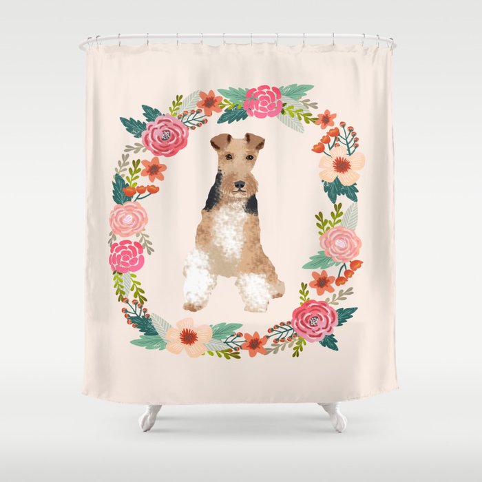 wite fox terrier floral wreath dog breed pure breed pet portrait Shower Curtain