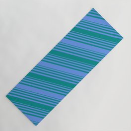 [ Thumbnail: Cornflower Blue and Dark Cyan Colored Striped/Lined Pattern Yoga Mat ]