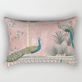 Chinoiserie Blush Pink Peacock Palm Fresco Garden  Rectangular Pillow