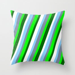 [ Thumbnail: Eye-catching Light Sky Blue, Light Slate Gray, Lime, Dark Green, and White Colored Stripes Pattern Throw Pillow ]