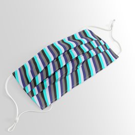 [ Thumbnail: Eyecatching Aqua, Lavender, Midnight Blue, Dim Grey, and Black Colored Striped Pattern Face Mask ]