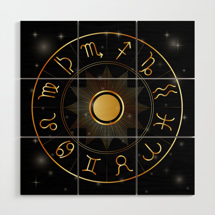 Zodiac astrology circle Golden astrological signs with moon sun and stars  Wood Wall Art