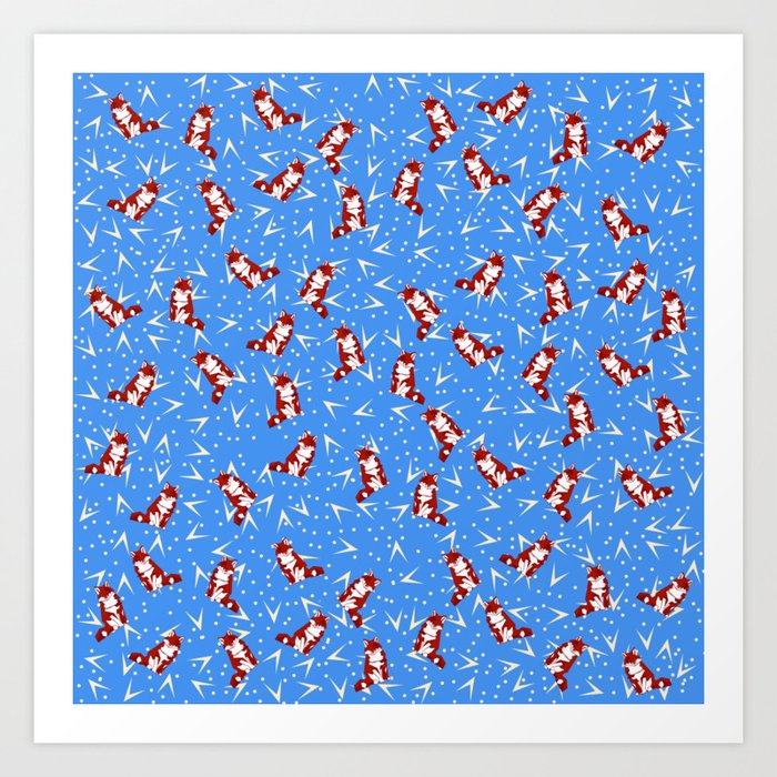 Abstract Geometric Fox Pattern On Funky Blue Art Print By Raylie