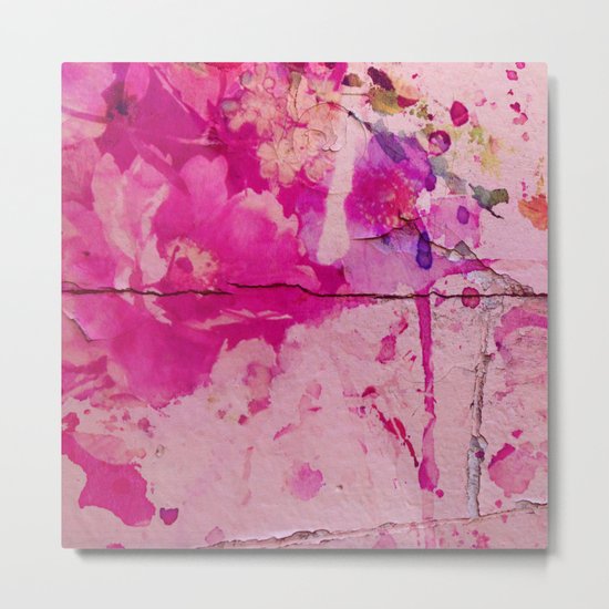 pink floral on crumbling wall Metal Print