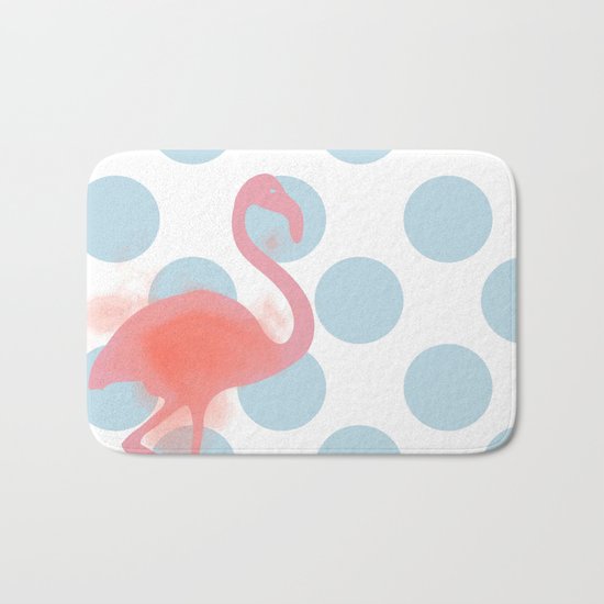 Flamingo on polka dots blue Bath Mat