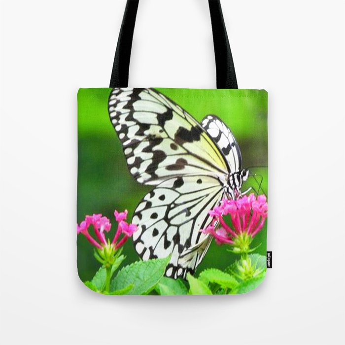 Butterfly and Pink Flowers Tote Bag
