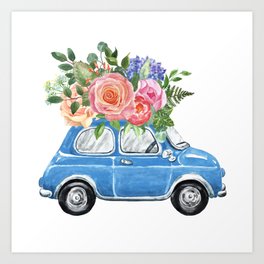 Watercolor Wedding Floral Car Vintage Retro blue car Flowers Pink Roses Art Print | Painting, Roses, Rose, Summer, Pretty, Handpainted, Vintage, Bouquet, Spring, Print 
