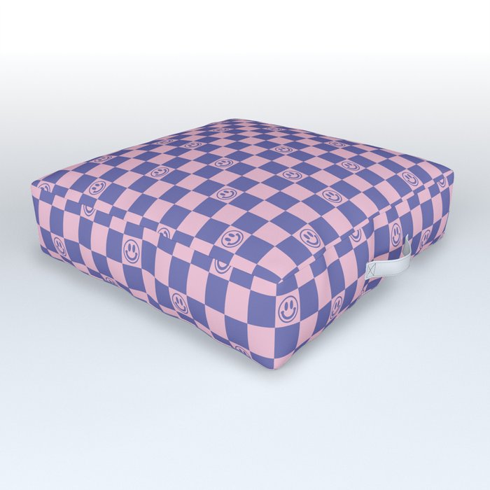 Smileys and Checkerboard (Very Peri And Pink Color Palette) Outdoor Floor Cushion
