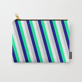 [ Thumbnail: White, Green, Dark Blue & Light Grey Colored Lines Pattern Carry-All Pouch ]