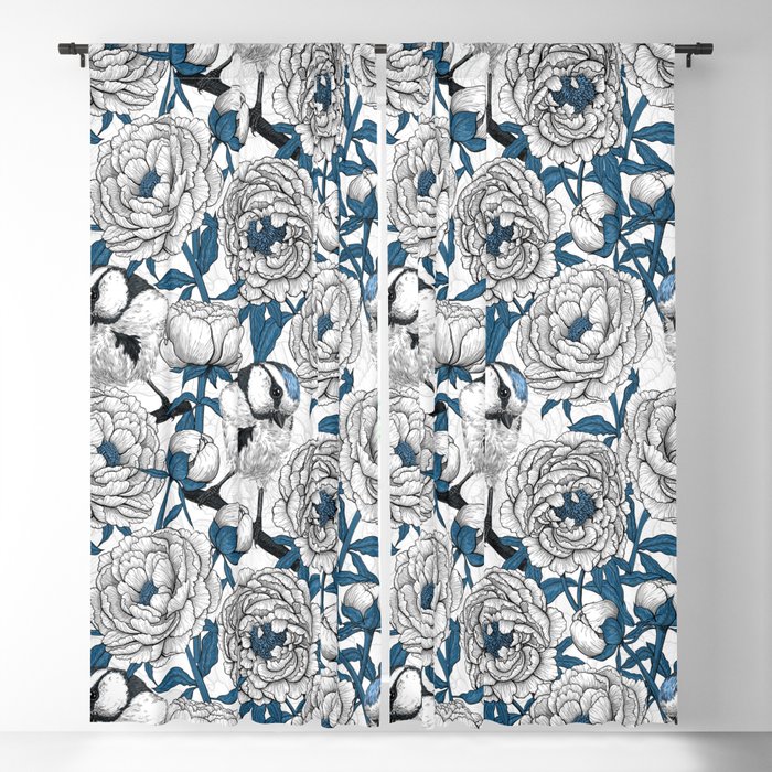 White peonies and blue tit birds Blackout Curtain