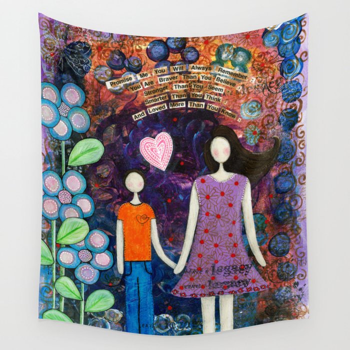 Maternal Bond, Whimsical Mixed Media Folk Art Wall Tapestry
