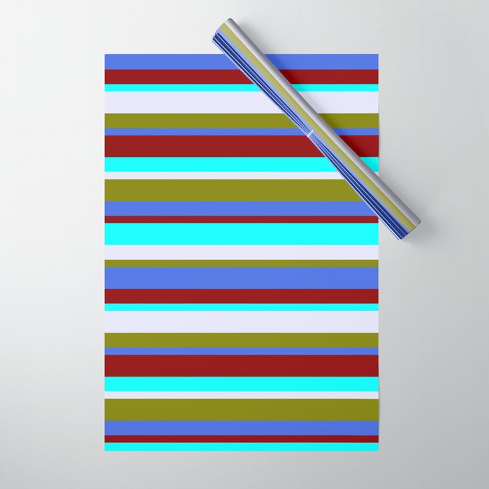 Colorful Green, Royal Blue, Dark Red, Cyan & Lavender Colored Lined Pattern Wrapping Paper