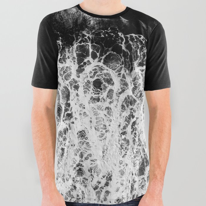 /// Never Alone /// Black and white drone aerial photograph of a dark and moody ocean All Over Graphic Tee