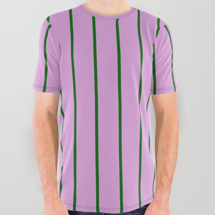 Dark Green & Plum Colored Striped/Lined Pattern All Over Graphic Tee