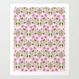 Harmony of Mums in Pink and Forest Green on Cream Art Print
