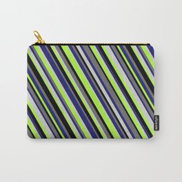 [ Thumbnail: Colorful Midnight Blue, Light Gray, Light Green, Black, and Dim Grey Colored Stripes/Lines Pattern Carry-All Pouch ]