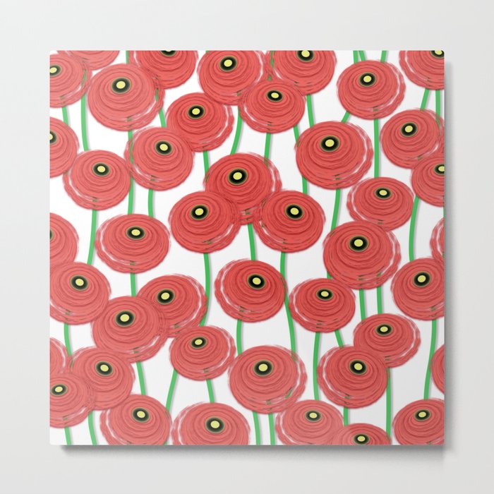 Modern Poppy Flowers Pattern // Poppy Red, Green, Black and White Metal Print