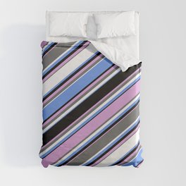 [ Thumbnail: Eye-catching Cornflower Blue, Black, Plum, Dim Grey, and White Colored Lined Pattern Duvet Cover ]