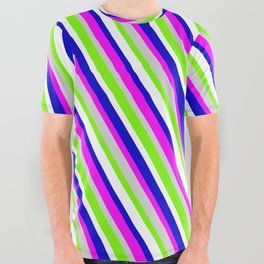 [ Thumbnail: Eyecatching Blue, Fuchsia, Light Gray, Green, and White Colored Lined Pattern All Over Graphic Tee ]