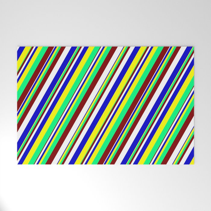 Maroon, White, Blue, Yellow & Green Colored Striped Pattern Welcome Mat