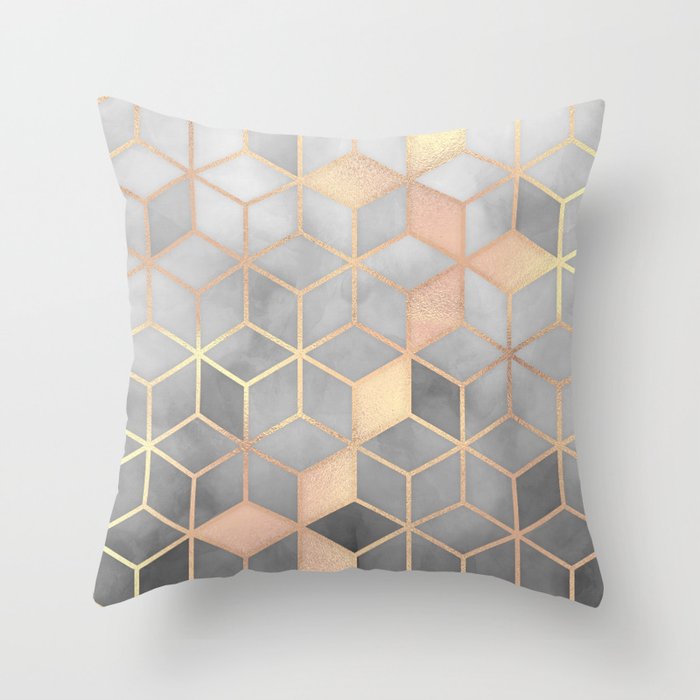 Gold Grey Gradient Cube Art print Throw Pillow