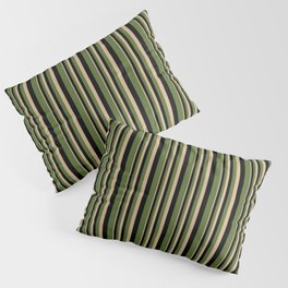 [ Thumbnail: Tan, Black & Dark Olive Green Colored Lined Pattern Pillow Sham ]