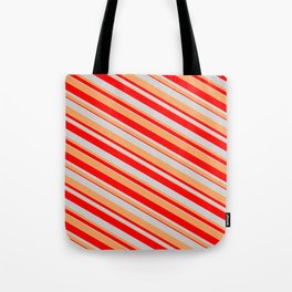 [ Thumbnail: Light Grey, Brown & Red Colored Lines Pattern Tote Bag ]