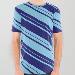 [ Thumbnail: Midnight Blue and Sky Blue Colored Lines Pattern All Over Graphic Tee ]