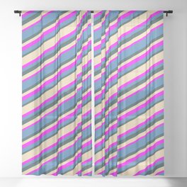 [ Thumbnail: Tan, Fuchsia, Blue, and Dark Slate Gray Colored Stripes Pattern Sheer Curtain ]