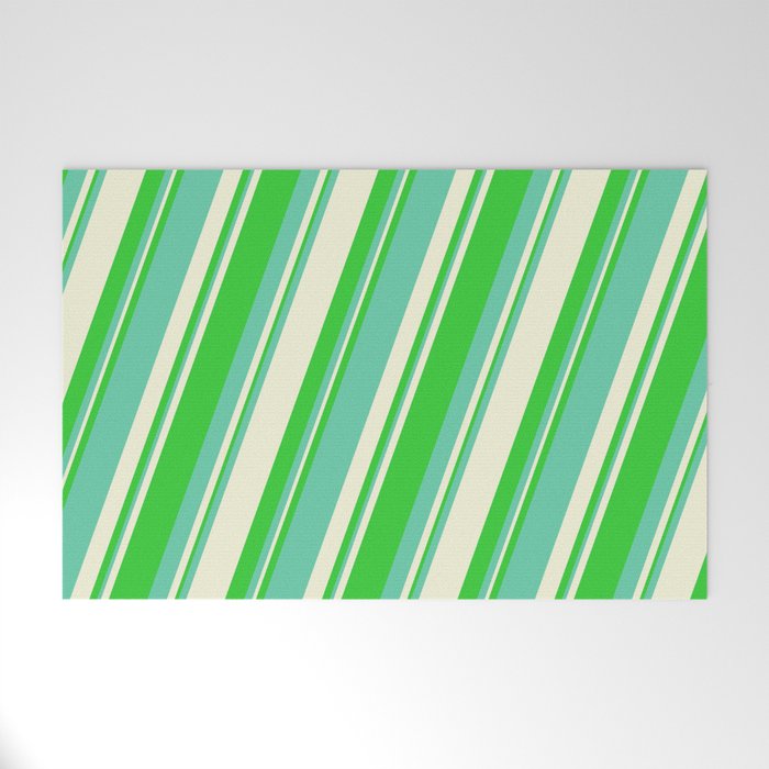 Lime Green, Aquamarine & Beige Colored Stripes/Lines Pattern Welcome Mat