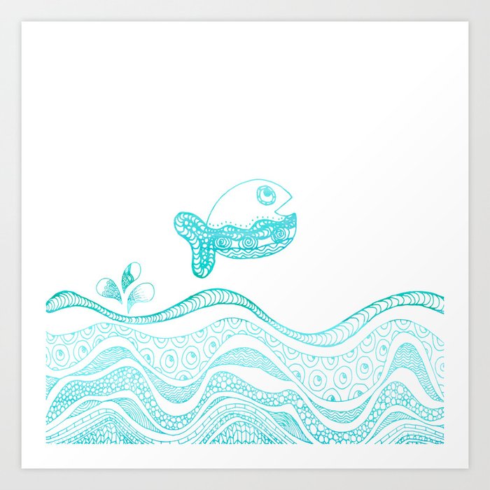 Doodle fish jumping out of the water Maritime Art Print