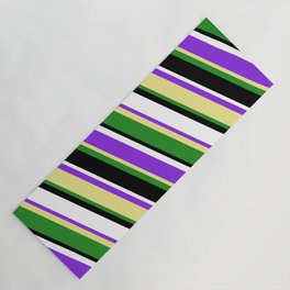 [ Thumbnail: Purple, Tan, Forest Green, Black, and White Colored Lined/Striped Pattern Yoga Mat ]