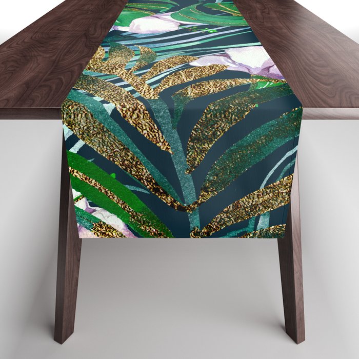 Tropical forest green lilac gold monster leaves floral Table Runner
