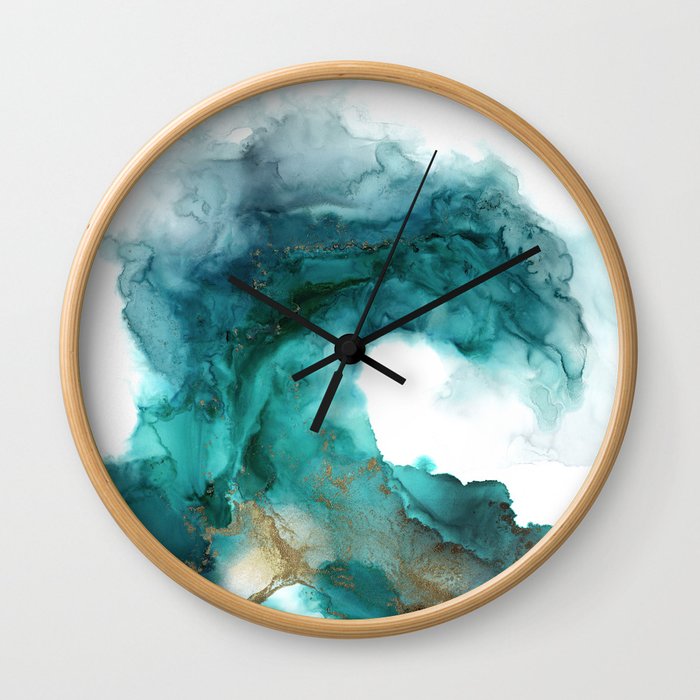 Wild Wave - alcohol ink painting, abstract wave, fluid art, teal, gold colored accents Wall Clock