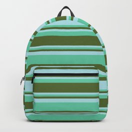 [ Thumbnail: Aquamarine, Dark Olive Green, and Powder Blue Colored Stripes/Lines Pattern Backpack ]