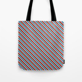 [ Thumbnail: Blue, Mint Cream, Red, and Green Colored Stripes/Lines Pattern Tote Bag ]