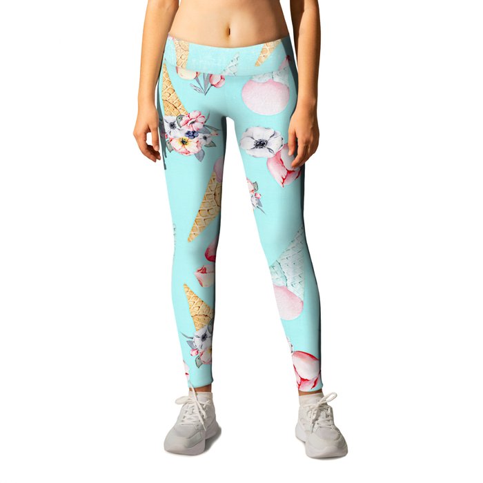 Pink Teal Summer Fun Flower Ice Cream Cone Pattern Leggings by