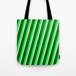 [ Thumbnail: Lime, Green, Tan & Dark Green Colored Striped/Lined Pattern Tote Bag ]