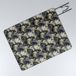 Luxurious Black Tropical Palm Leaves Picnic Blanket