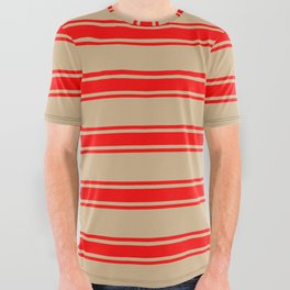 [ Thumbnail: Tan & Red Colored Lines Pattern All Over Graphic Tee ]