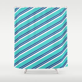 [ Thumbnail: Turquoise, Dark Slate Blue & White Colored Striped Pattern Shower Curtain ]