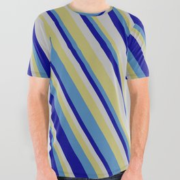 [ Thumbnail: Dark Khaki, Blue, Dark Blue & Grey Colored Lines/Stripes Pattern All Over Graphic Tee ]