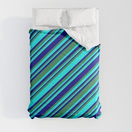 [ Thumbnail: Sea Green, Cyan, and Dark Blue Colored Lines/Stripes Pattern Comforter ]