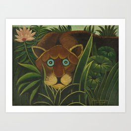Lioness peers out of the jungle and grasses, circa 1890, oil on canvas print by Henri Rousseau Art Print